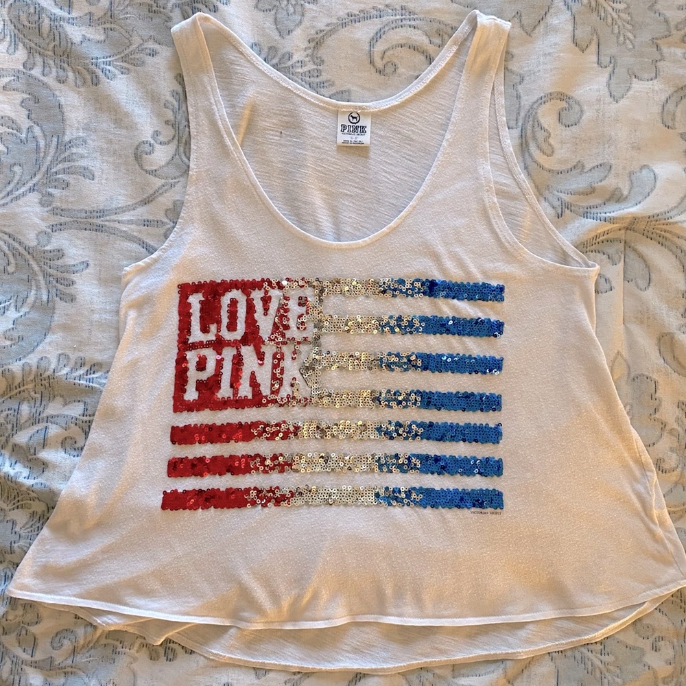 Victoria Secret Love Pink Sequin USA Flag Tank Top
